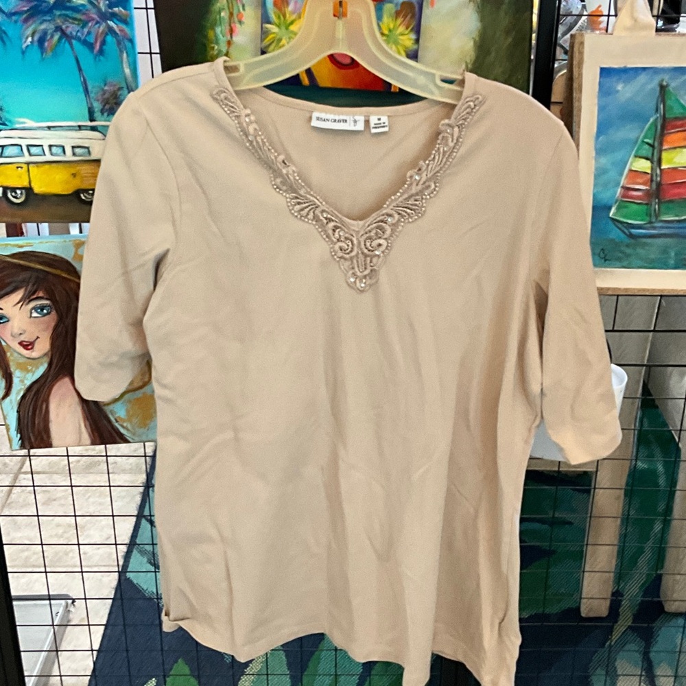 Susan Graver Beige V-Neck Blouse with Embroidery